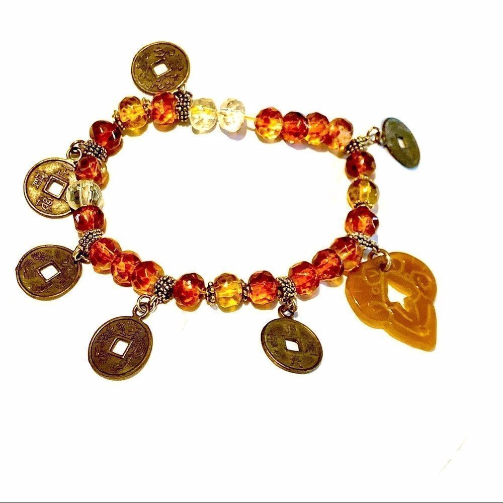 Asian coin amber glass bead stretchy bracelet